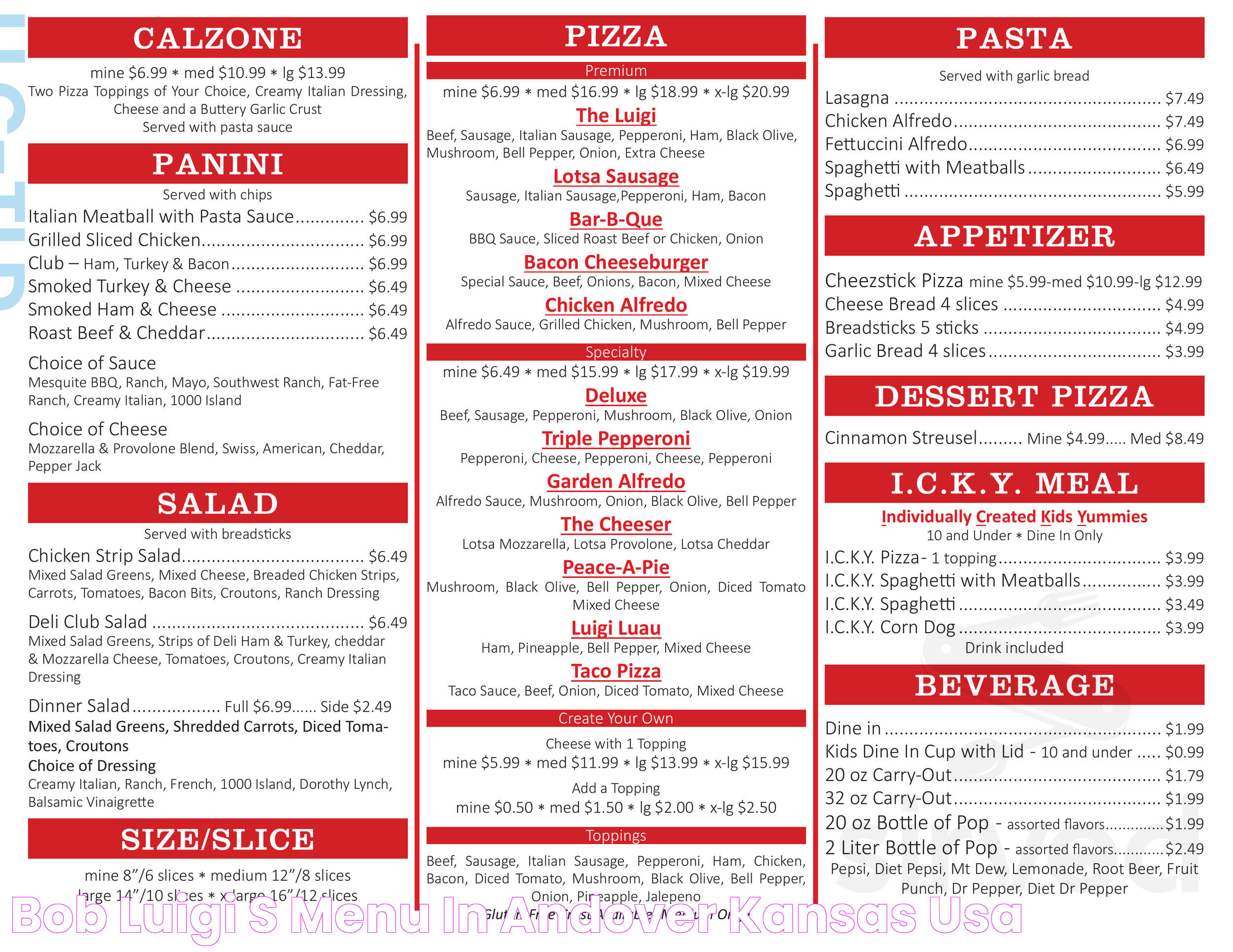 Bob & Luigi's menu in Andover, Kansas, USA