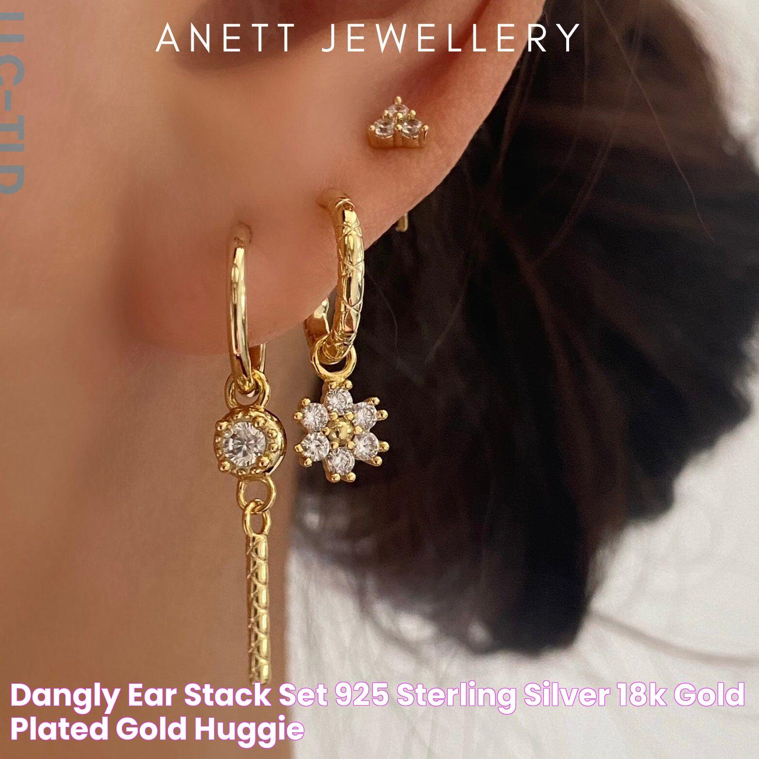 Dangly Ear Stack Set, 925 Sterling Silver 18k Gold Plated, Gold Huggie