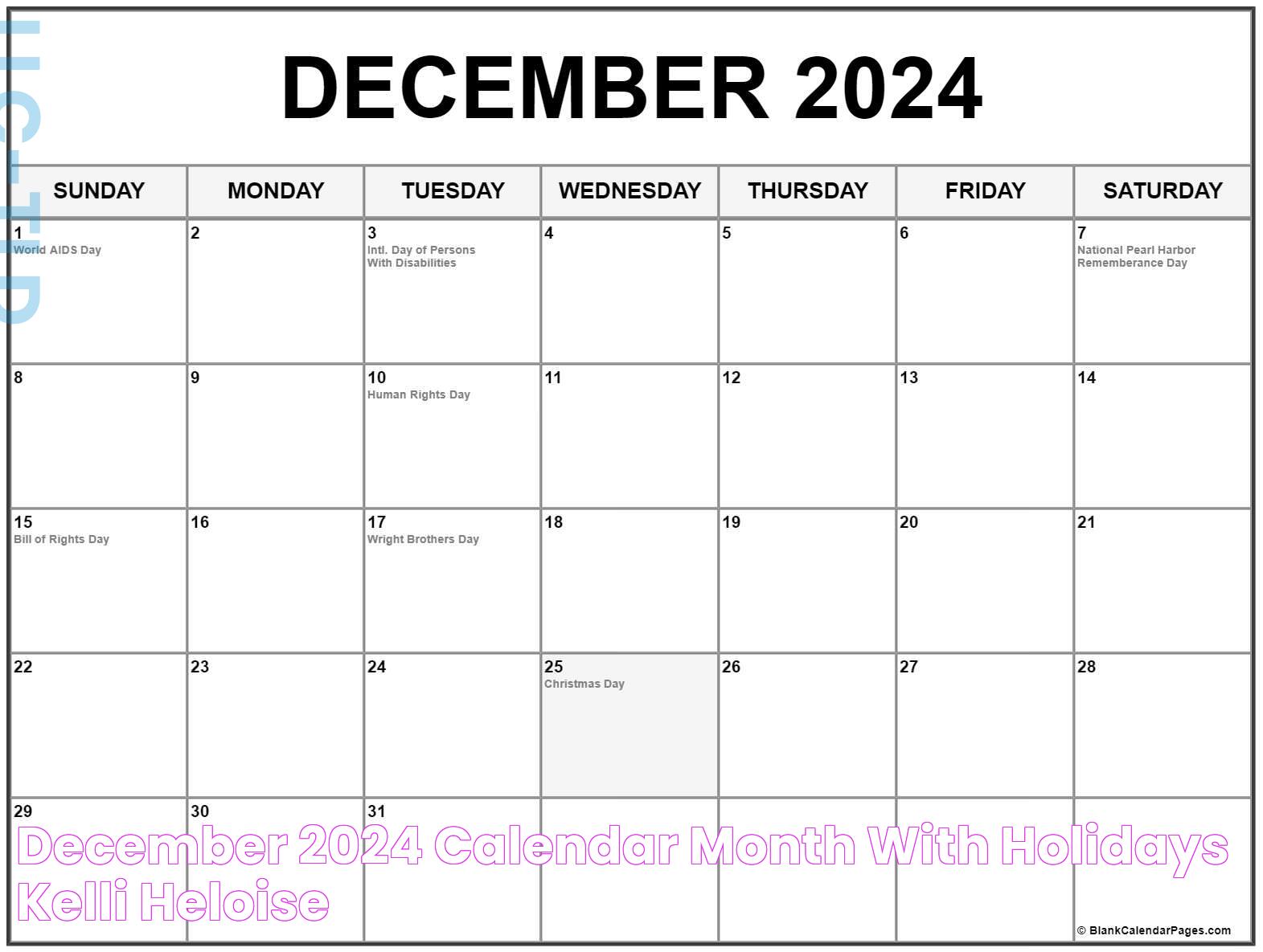 December 2024 Calendar Month With Holidays Kelli Heloise