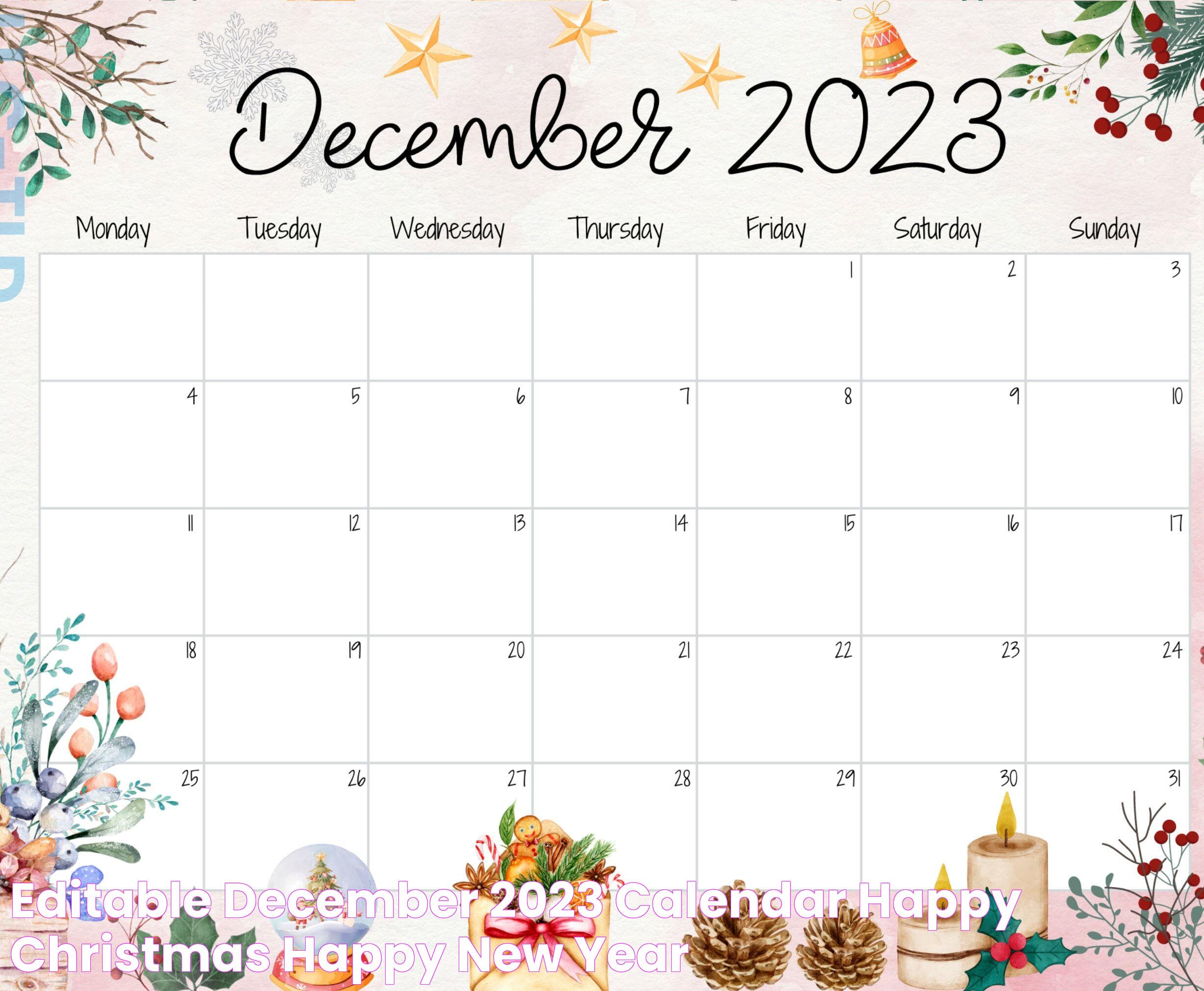 EDITABLE December 2023 Calendar, Happy Christmas, Happy New Year