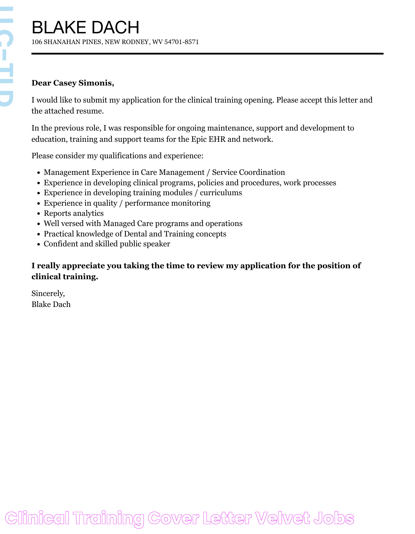 Clinical Training Cover Letter Velvet Jobs