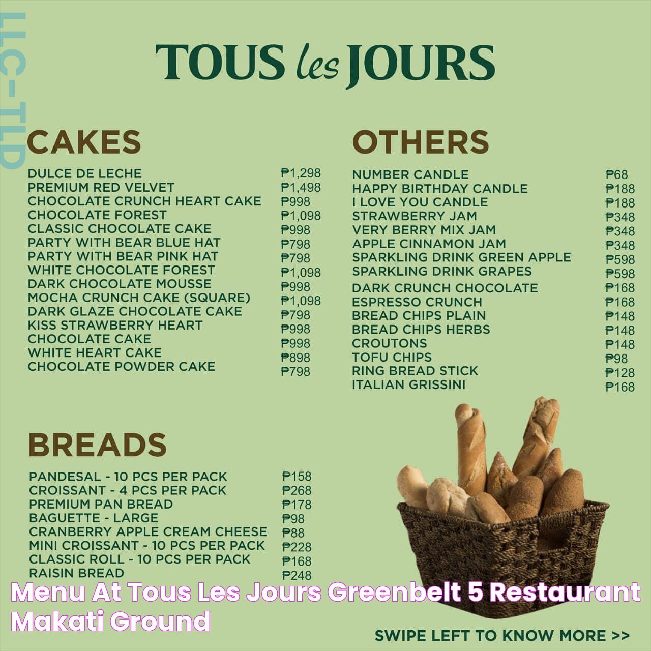 Menu at Tous Les Jours Greenbelt 5 restaurant, Makati, Ground