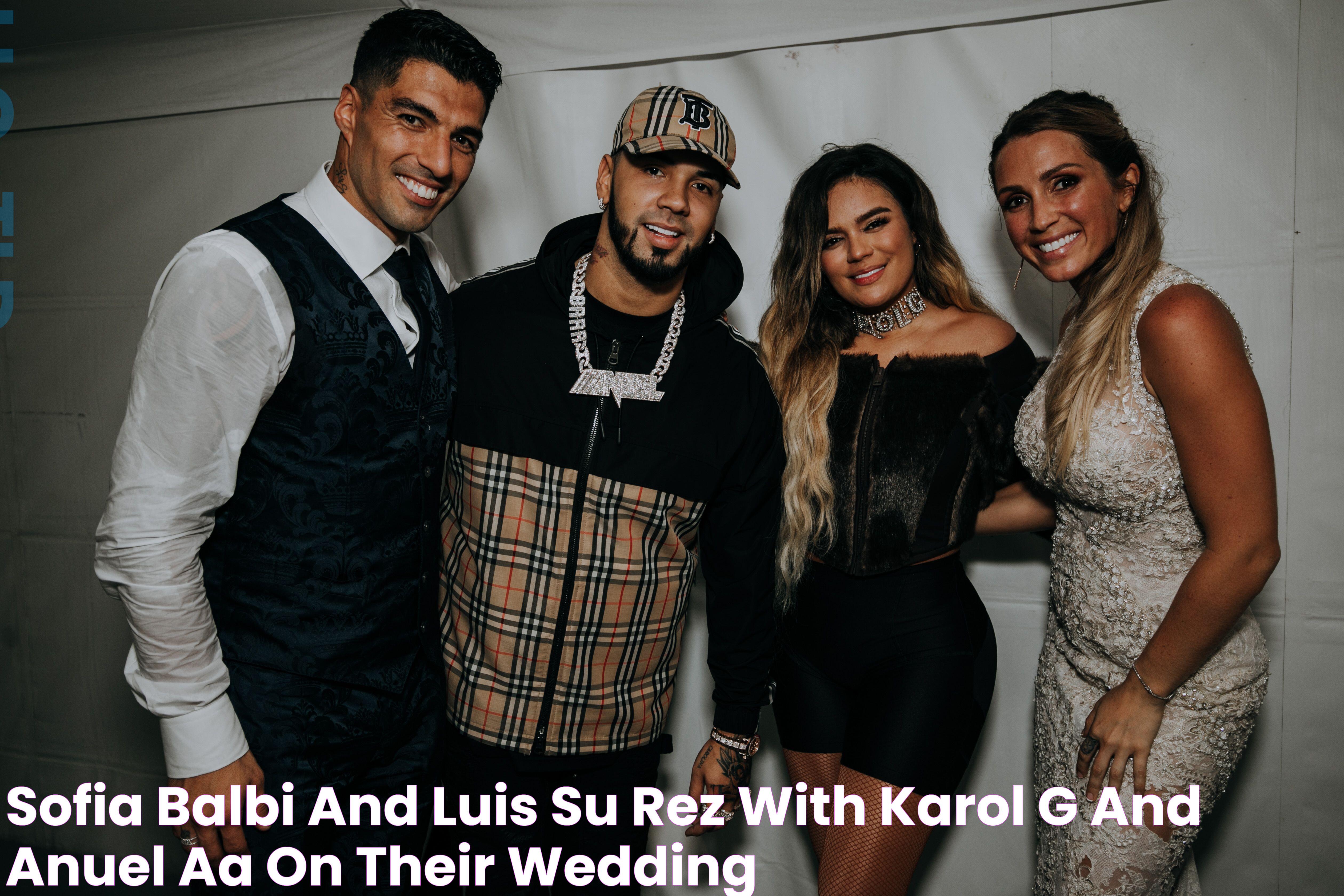 Sofia Balbi and Luis Suárez with Karol G and Anuel AA on their wedding