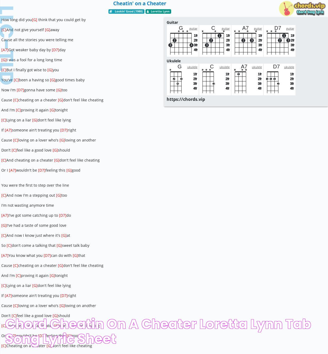 Chord Cheatin' on a Cheater Loretta Lynn tab, song lyric, sheet