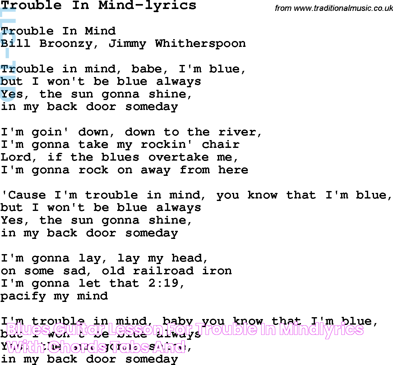 Blues Guitar lesson for Trouble In Mindlyrics, with Chords, Tabs, and